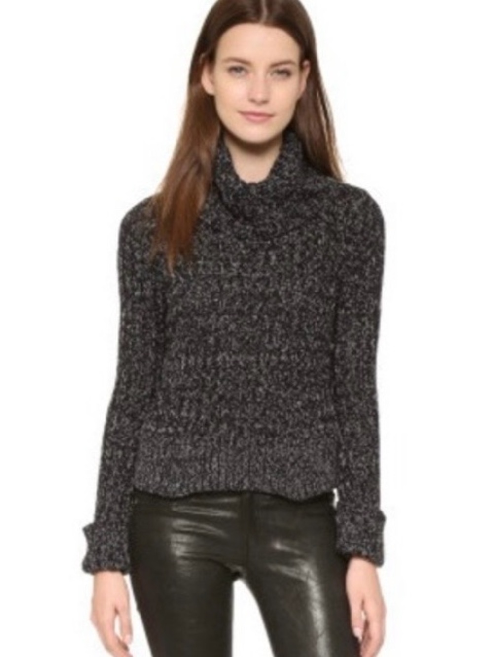 Free People Black White Marled Cable Knit Cropped Turtleneck Sweater Size S - Picture 3 of 10
